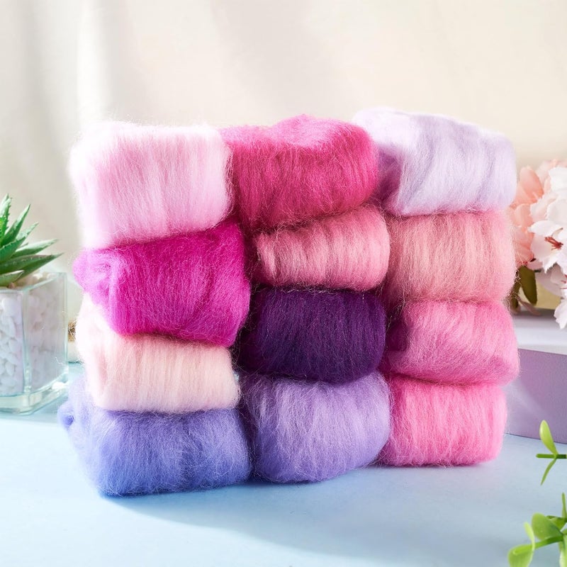 Boutigem 12 Colors 60G Purple Needle Felting Wool Roving, DIY Craft Spinning Fibre Wool Roving for Needle Felting, Chunky Handmade Yarn for Beginners DIY Hand Spinning, Weaving and Blending - Image 5